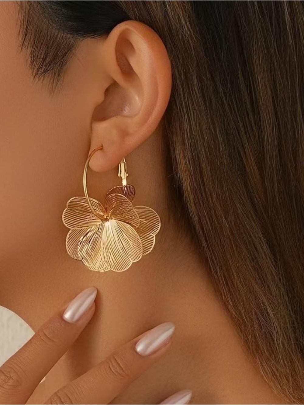 14K Gold Plated Flower Filigree Hoop Earrings - Picture 2 of 5